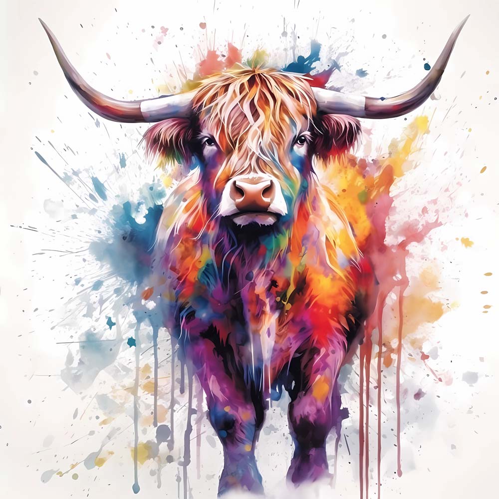 Splash‑art highland cow cross stitch kit for beginners