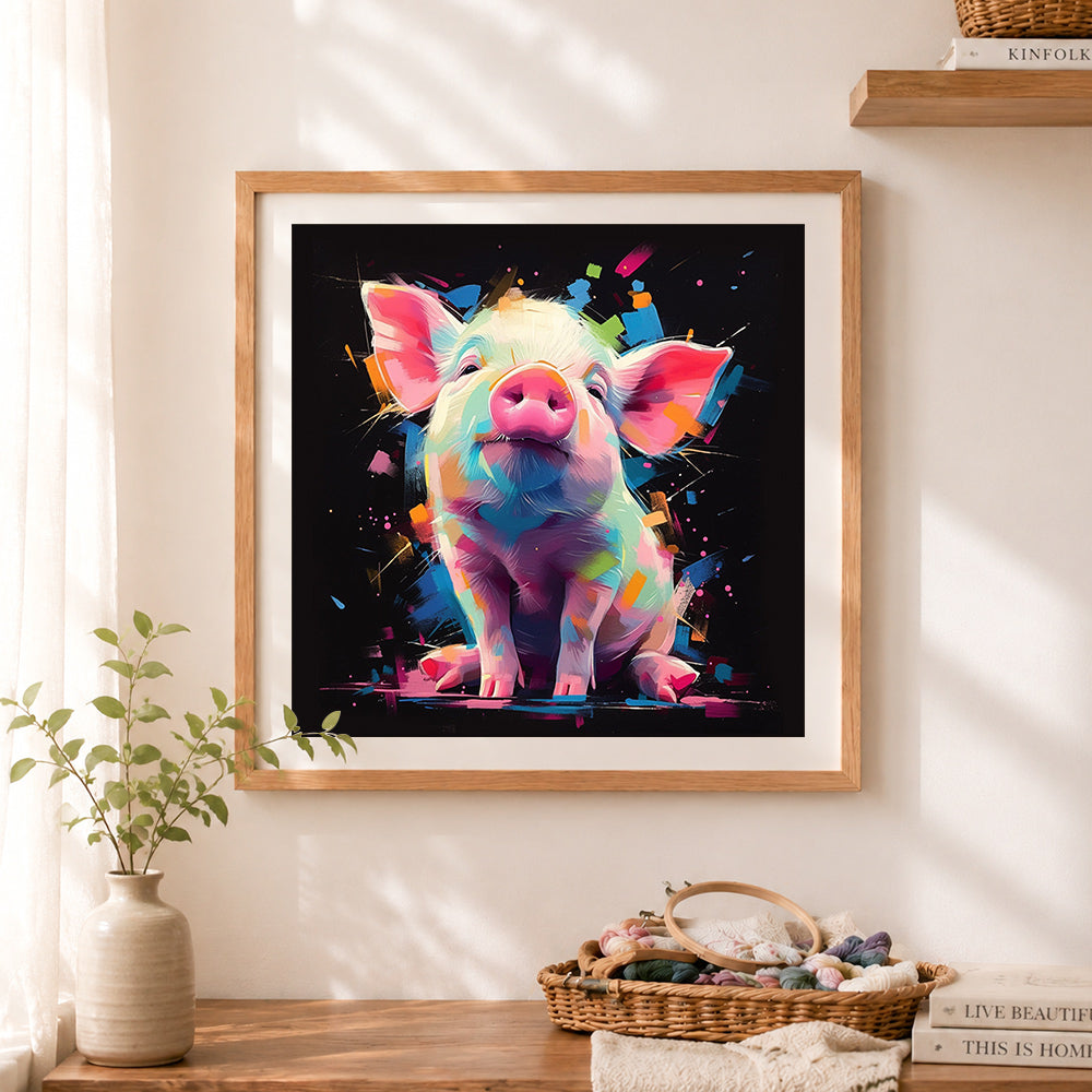 Finished splash art pig cross stitch artwork displayed as home decor