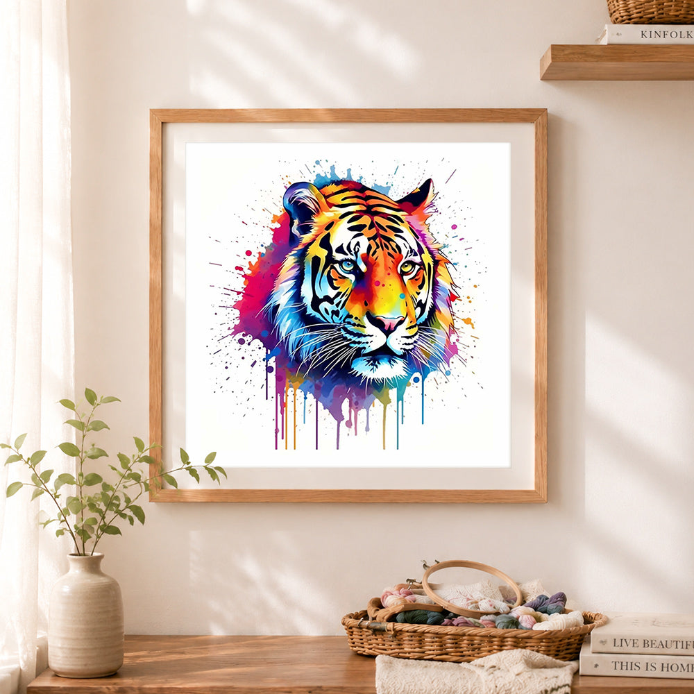 Finished splash‑art tiger head cross stitch artwork displayed as home decor