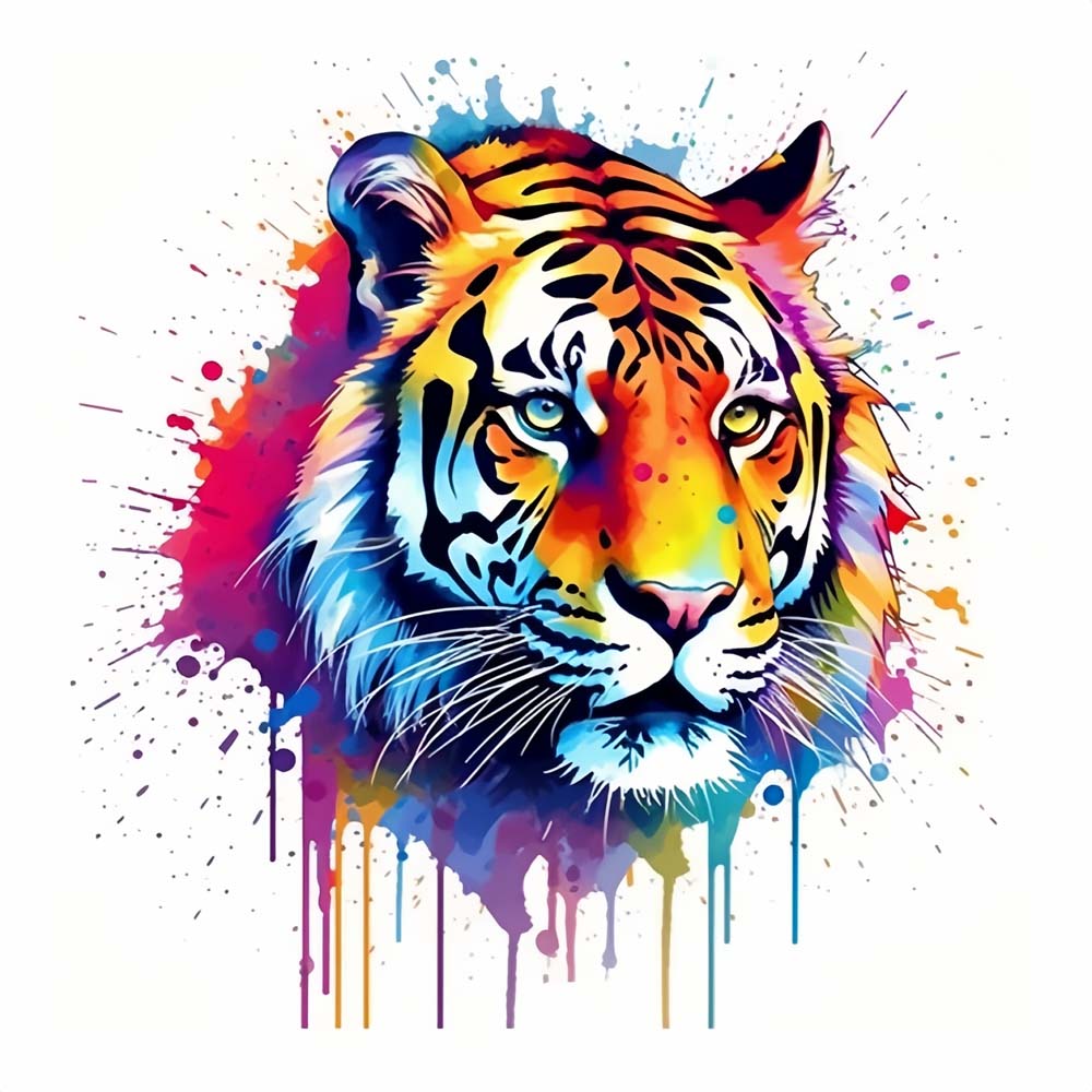 Splash‑art tiger head cross stitch kit for beginners