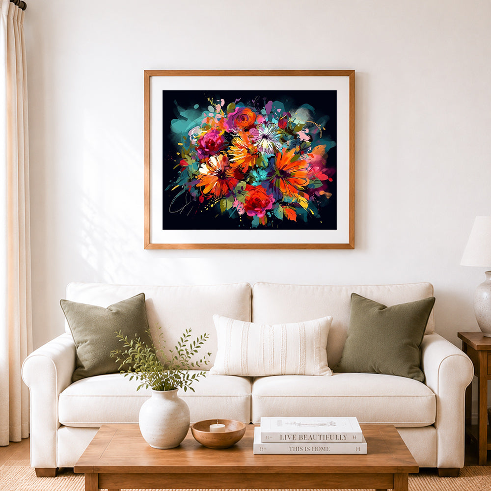 Finished splash color bouquet cross stitch artwork displayed as home decor