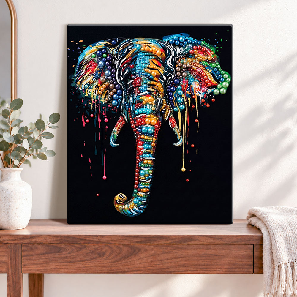 Finished splash color elephant pearl diamond painting artwork displayed as home decor