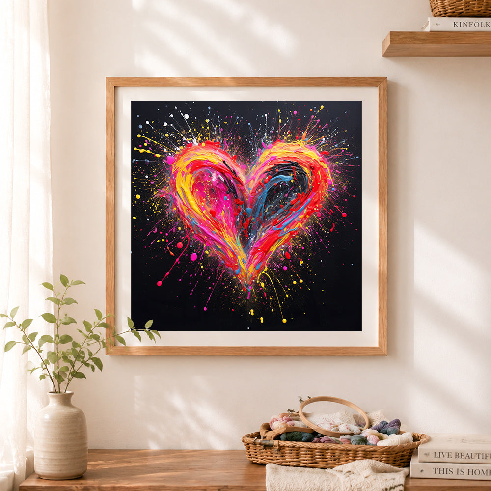 Finished splash paint colorful heart cross stitch artwork displayed as home decor