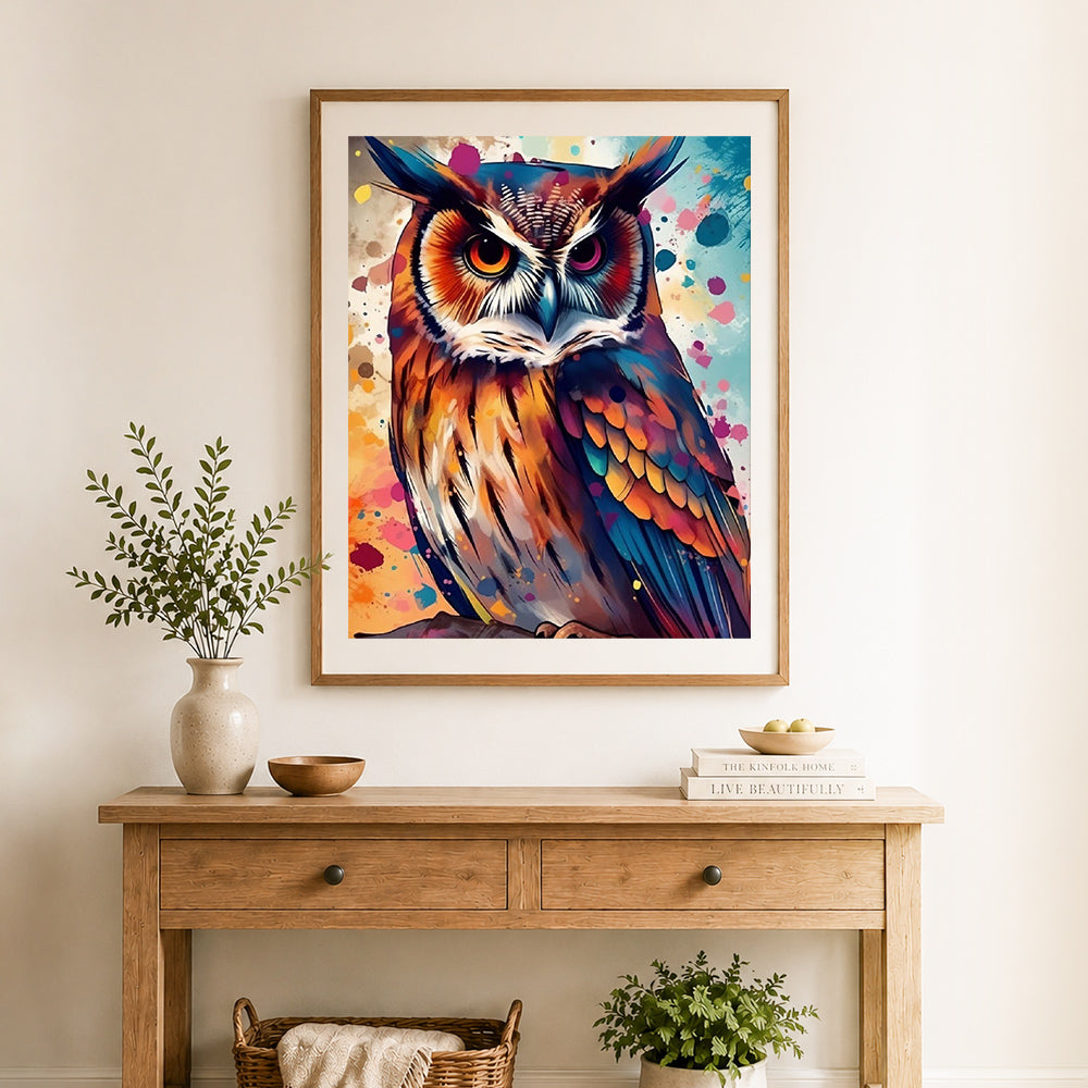 Finished splash‑paint colorful owl cross stitch artwork displayed as home decor