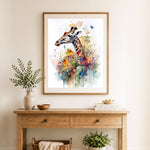 Finished splash‑paint floral giraffe cross stitch artwork displayed as home decor