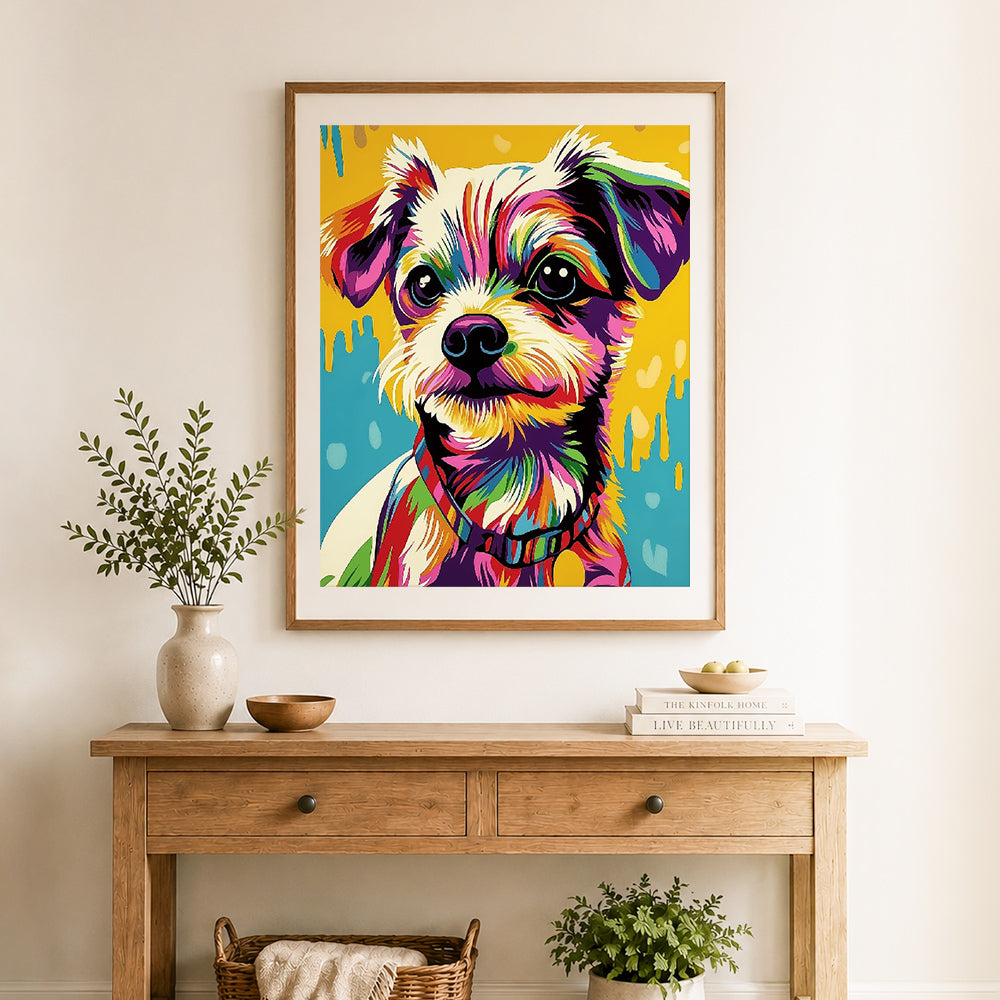 Finished splash pop terrier cross stitch artwork displayed as home decor