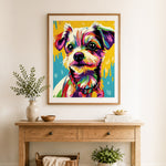 Finished splash pop terrier cross stitch artwork displayed as home decor