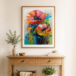 Finished splash poppy art cross stitch artwork displayed as home decor