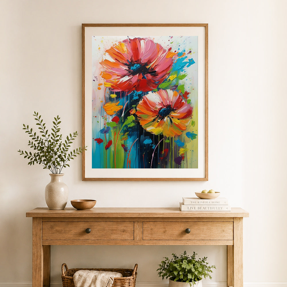 Finished splash poppy art cross stitch artwork displayed as home decor