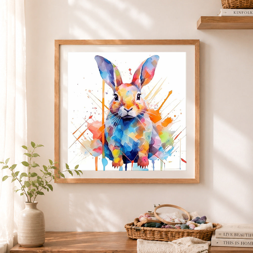 Finished splash‑style watercolor rabbit cross stitch artwork displayed as home decor