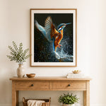 Finished splashing kingfisher cross stitch artwork displayed as home decor