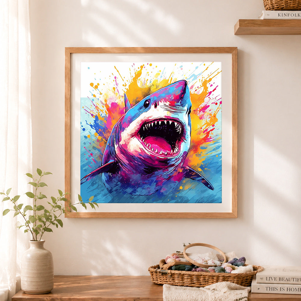Finished splatter art great white shark cross stitch artwork displayed as home decor