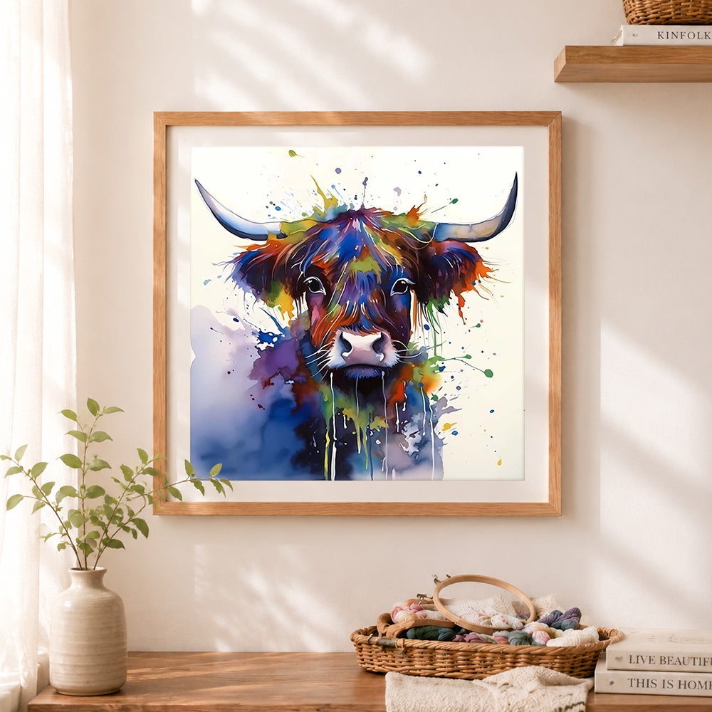 Finished splatter‑style highland cow cross stitch artwork displayed as home decor