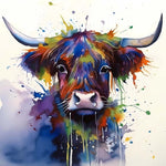 Splatter‑style highland cow cross stitch kit for beginners