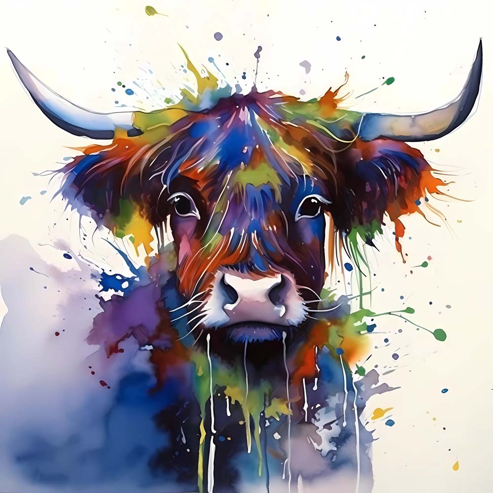 Splatter‑style highland cow cross stitch kit for beginners