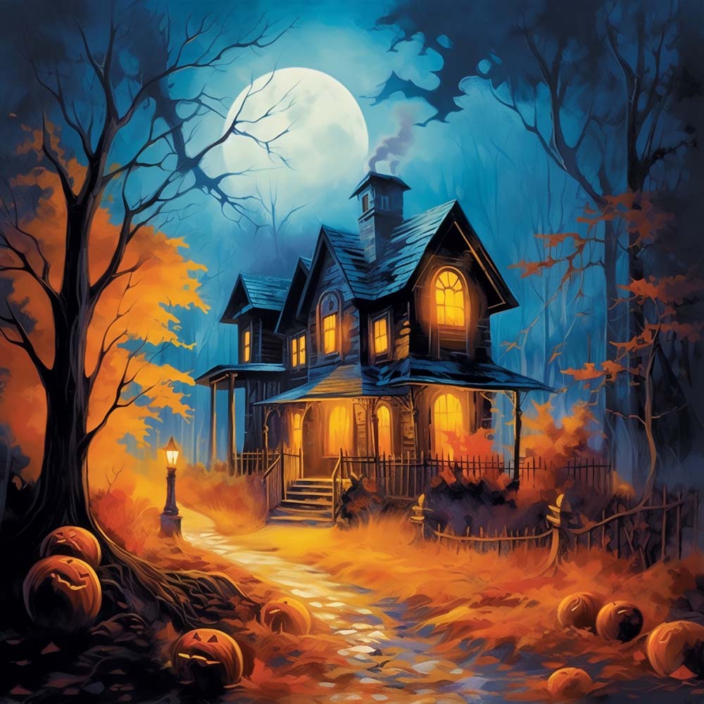 Spooky autumn haunted house cross stitch kit for beginners