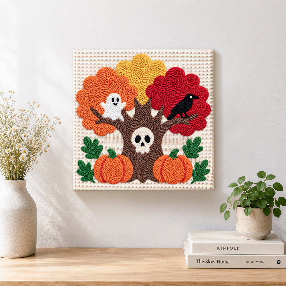 Finished spooky autumn tree artwork displayed on a wall