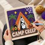 Creating handmade spooky camp creep punch needle artwork