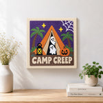 Finished spooky camp creep artwork displayed on a wall