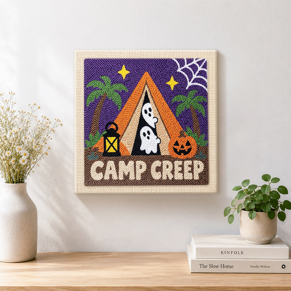 Finished spooky camp creep artwork displayed on a wall
