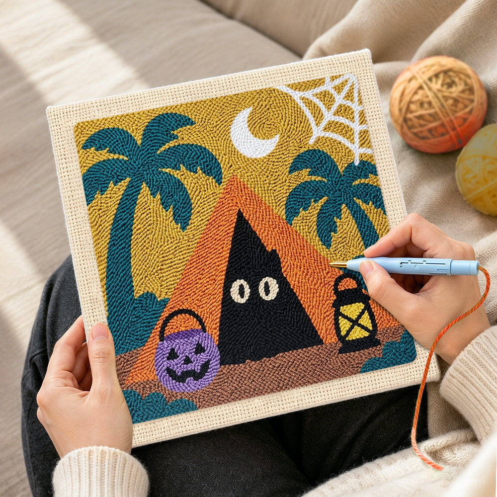 Creating handmade spooky camping ghost punch needle artwork