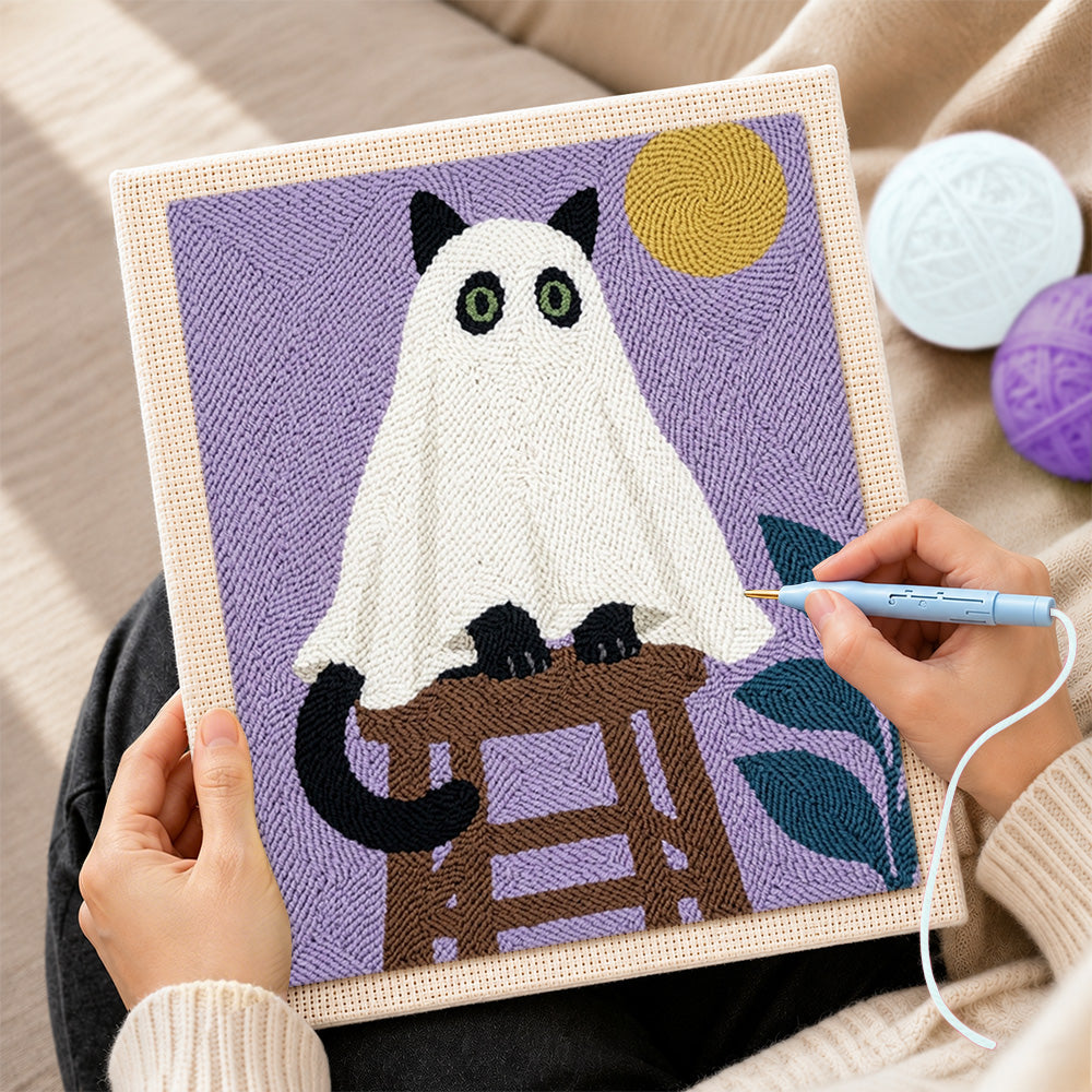 Creating handmade spooky ghost cat on stool punch needle artwork