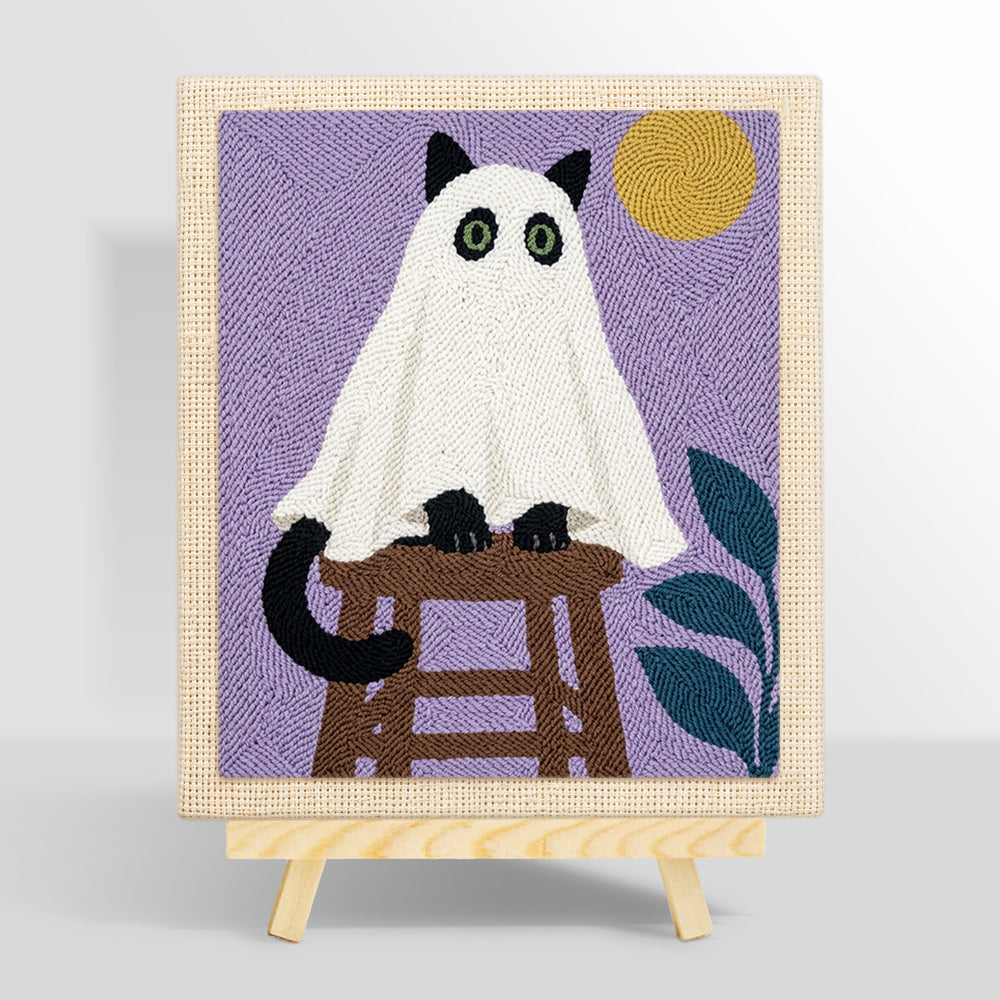 Spooky ghost cat on stool punch needle kit for beginners