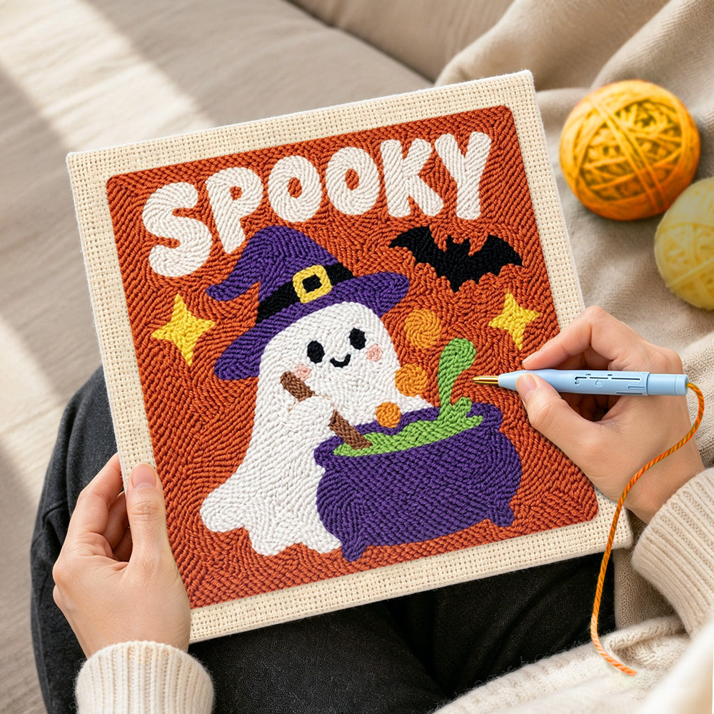 Creating handmade spooky ghost with cauldron punch needle artwork