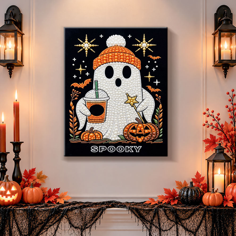 Finished spooky ghost with iced coffee pearl diamond painting artwork displayed as holiday home decor