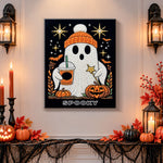 Finished spooky ghost with iced coffee pearl diamond painting artwork displayed as holiday home decor