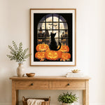 Finished spooky halloween night scene cross stitch artwork displayed as home decor