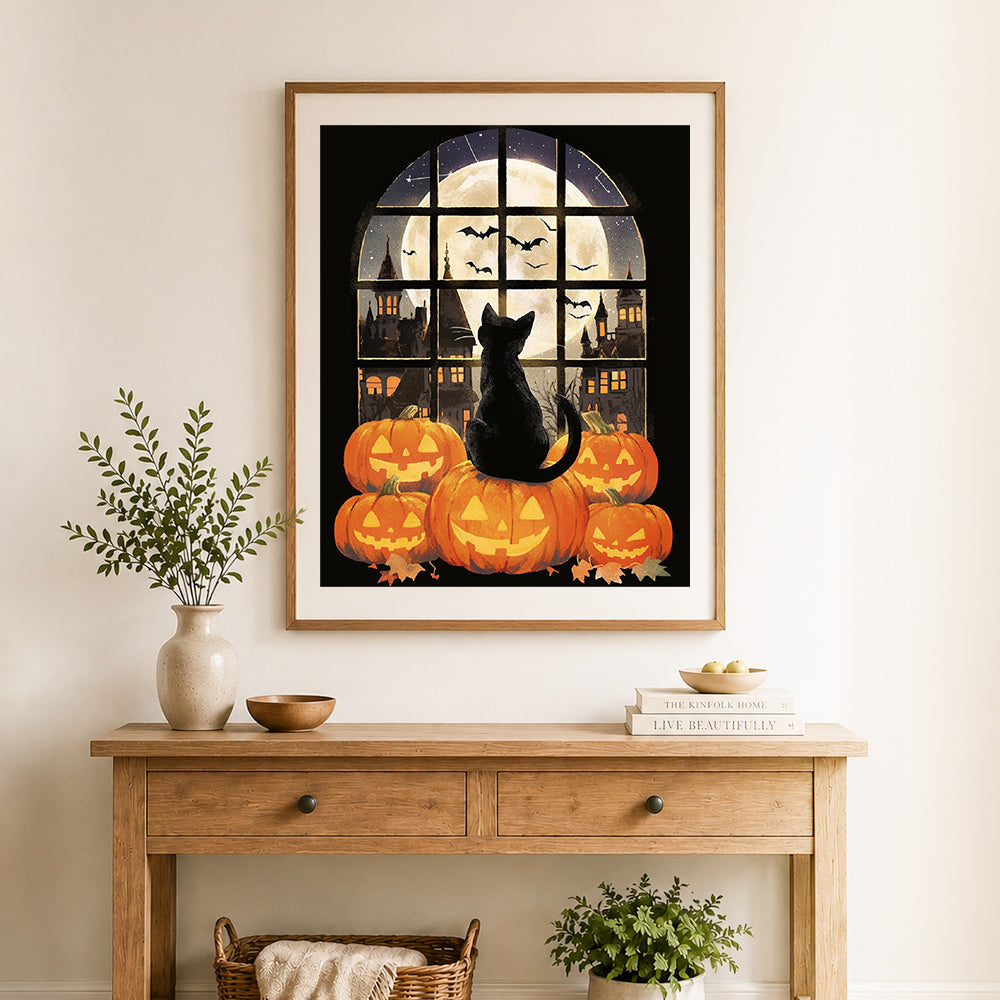 Finished spooky halloween night scene cross stitch artwork displayed as home decor