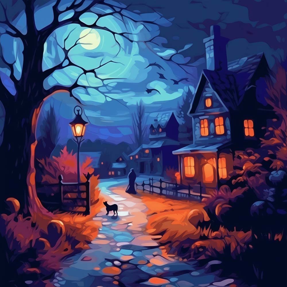 Spooky halloween village cross stitch kit for beginners
