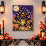Finished spooky haunted house pearl diamond painting artwork displayed as holiday home decor