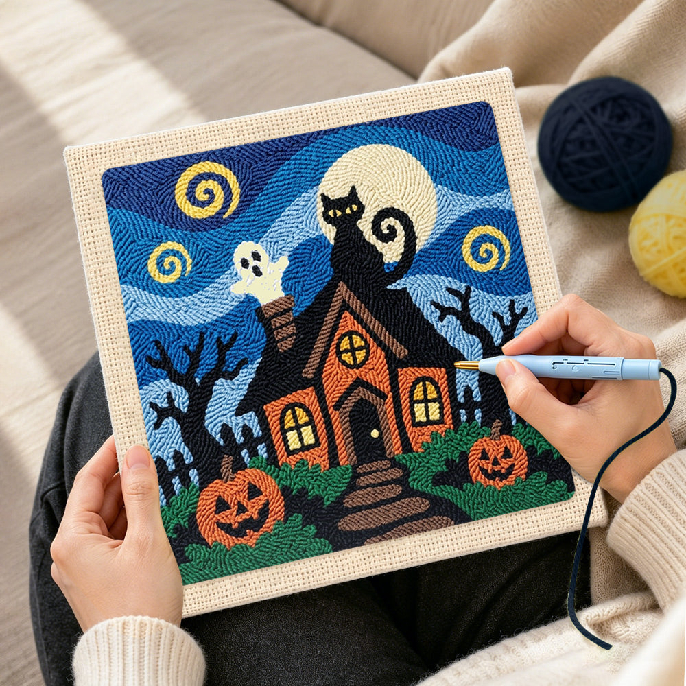 Creating handmade spooky haunted house punch needle artwork