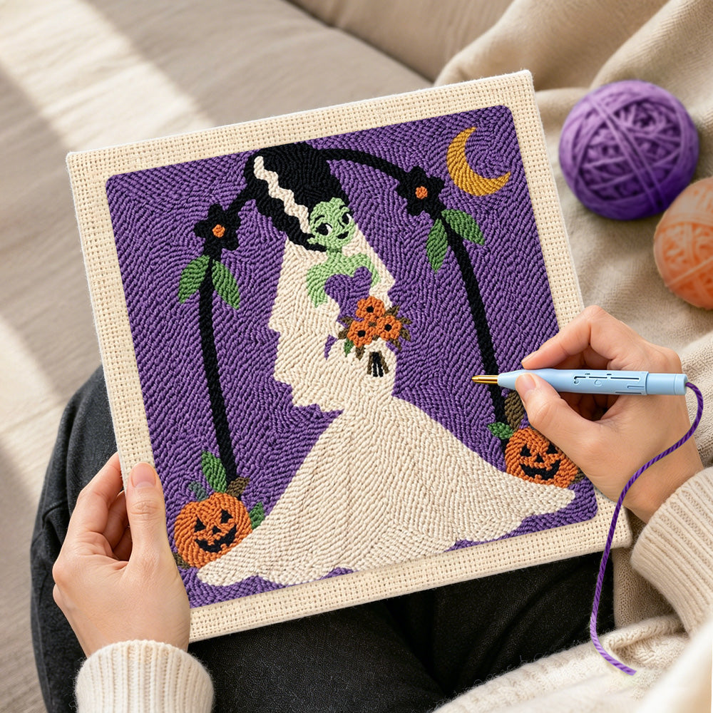 Creating handmade spooky monster bride punch needle artwork