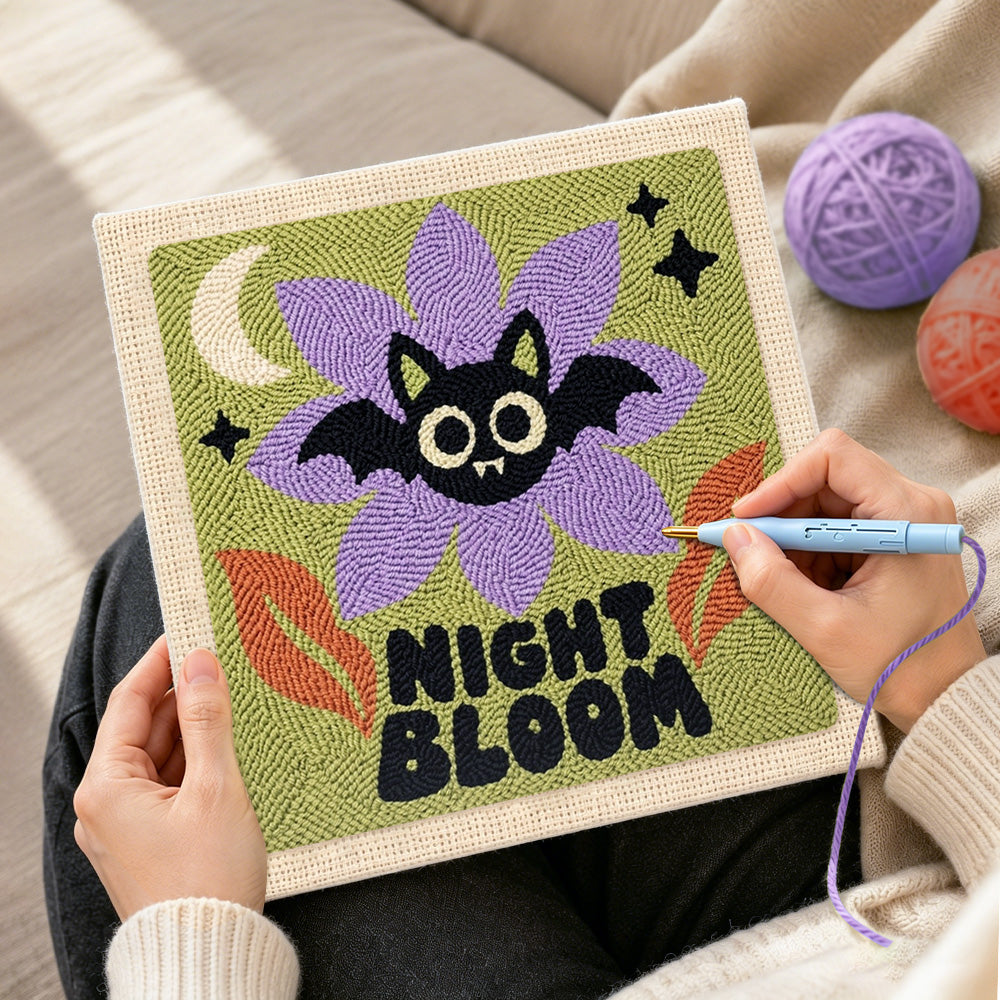 Creating handmade spooky night bloom punch needle artwork