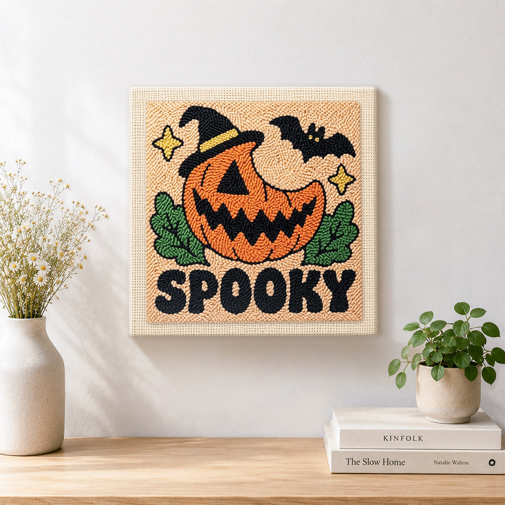 Finished spooky pumpkin jack artwork displayed on a wall