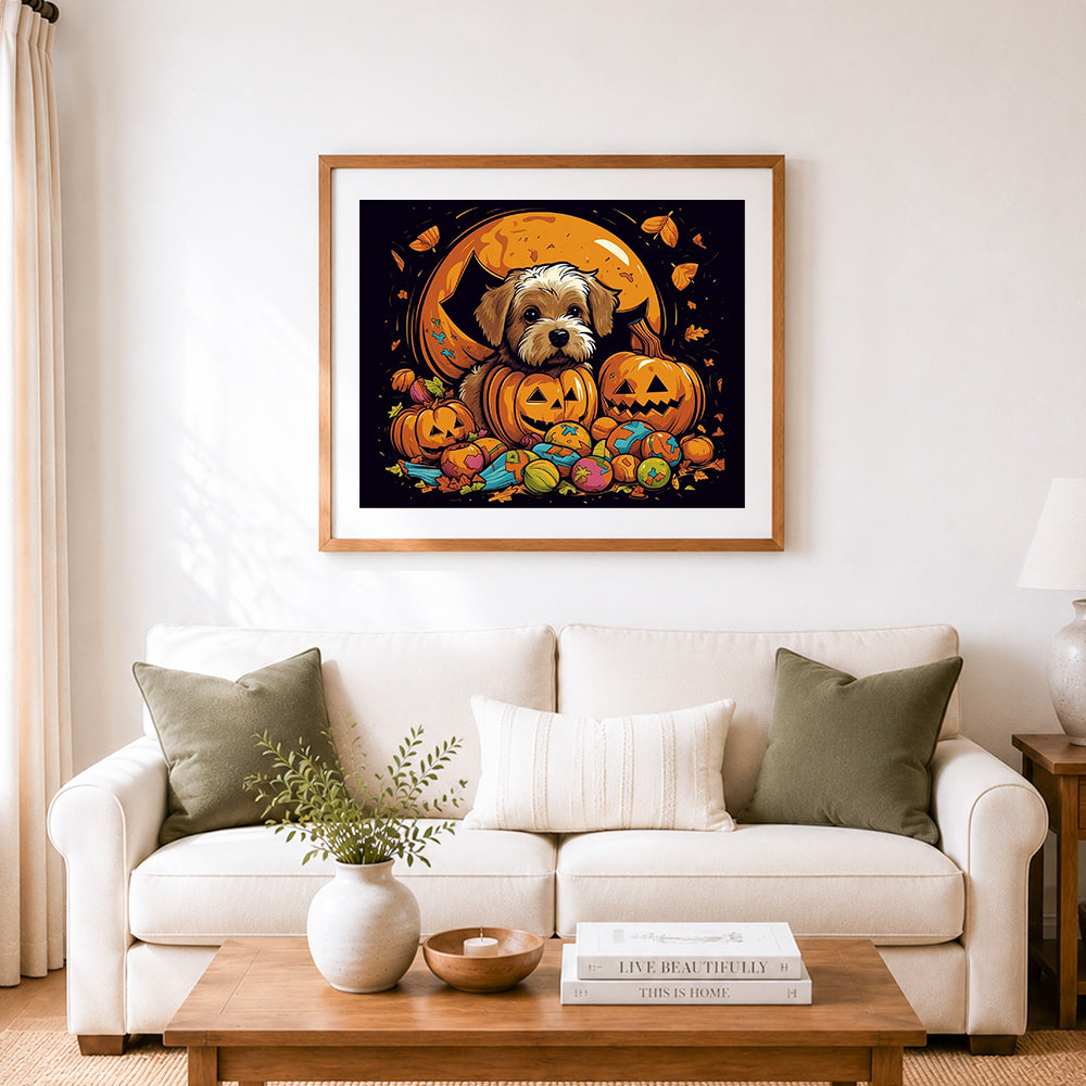 Finished spooky puppy in pumpkin patch cross stitch artwork displayed as home decor