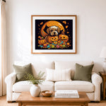 Finished spooky puppy in pumpkin patch cross stitch artwork displayed as home decor