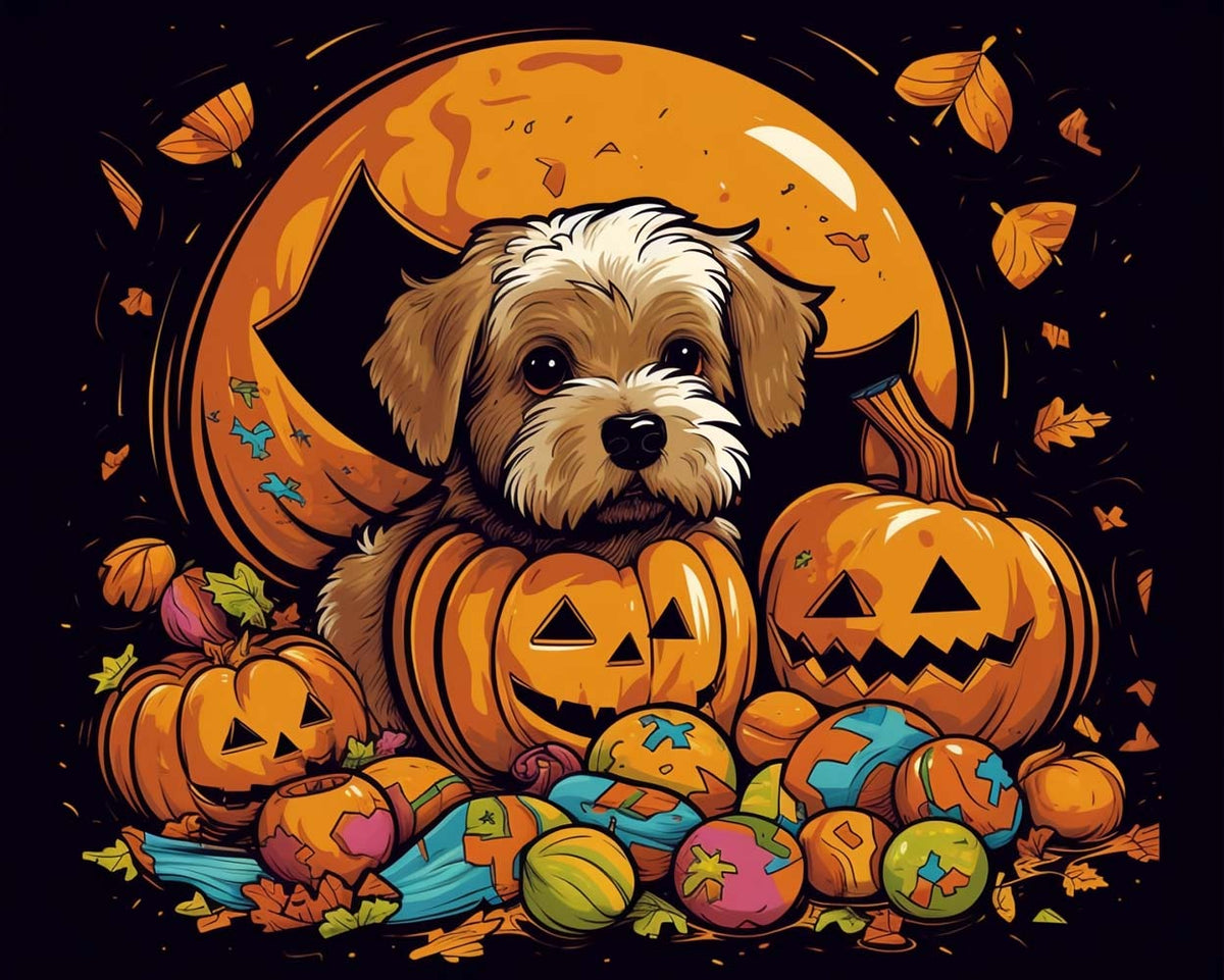 Spooky puppy in pumpkin patch cross stitch kit for beginners