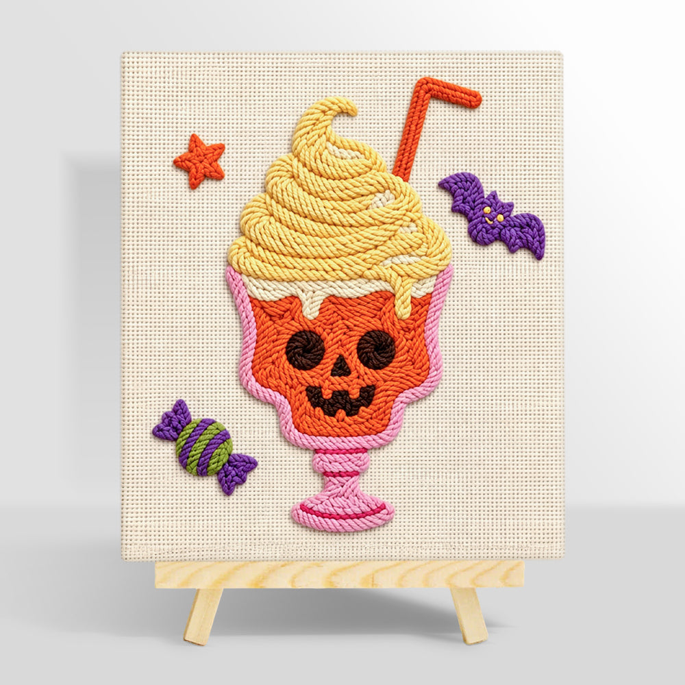 Spooky skull ice cream cup punch needle kit for beginners