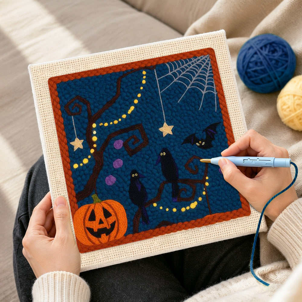 Creating handmade spooky tree and ravens punch needle artwork