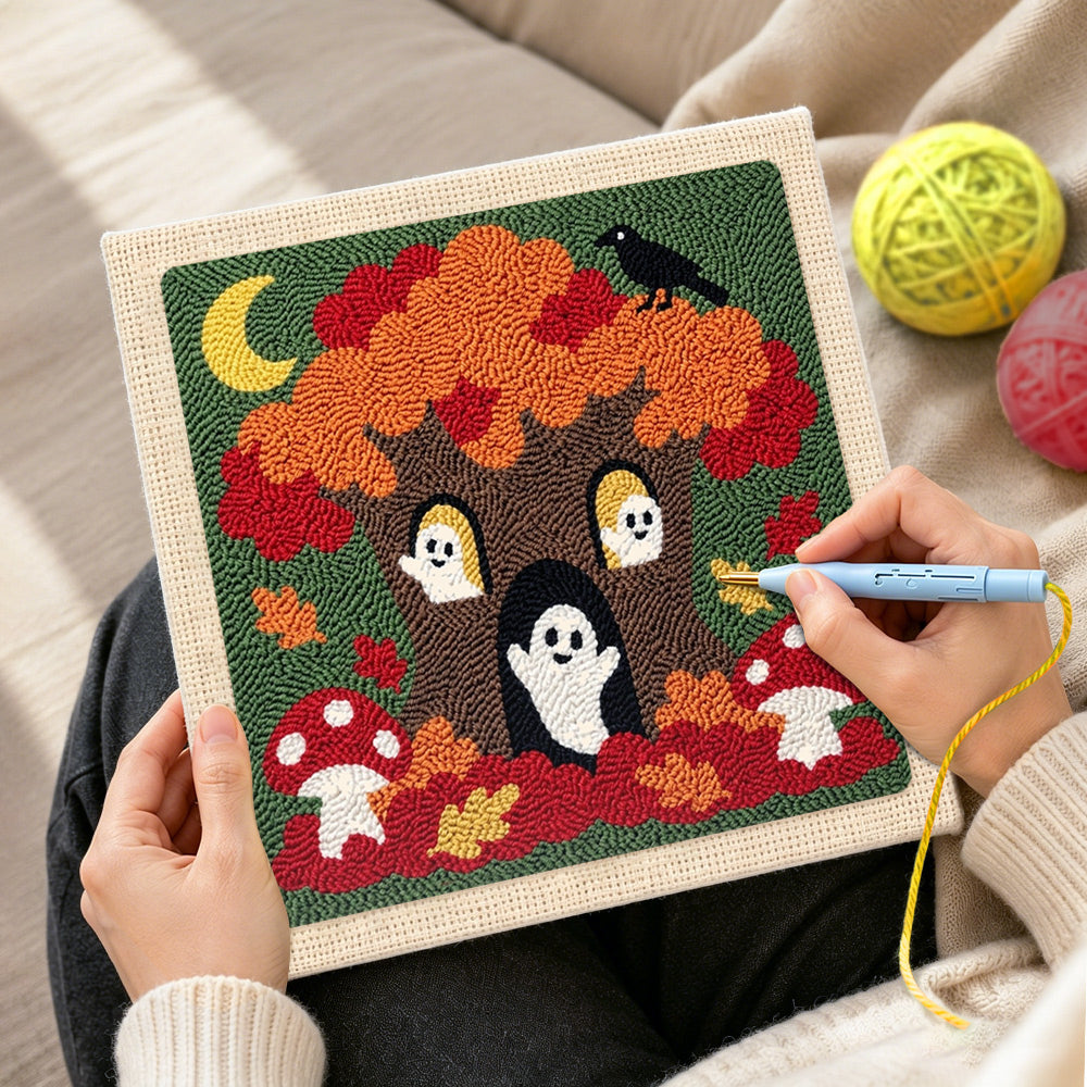 Creating handmade spooky tree with little ghosts punch needle artwork