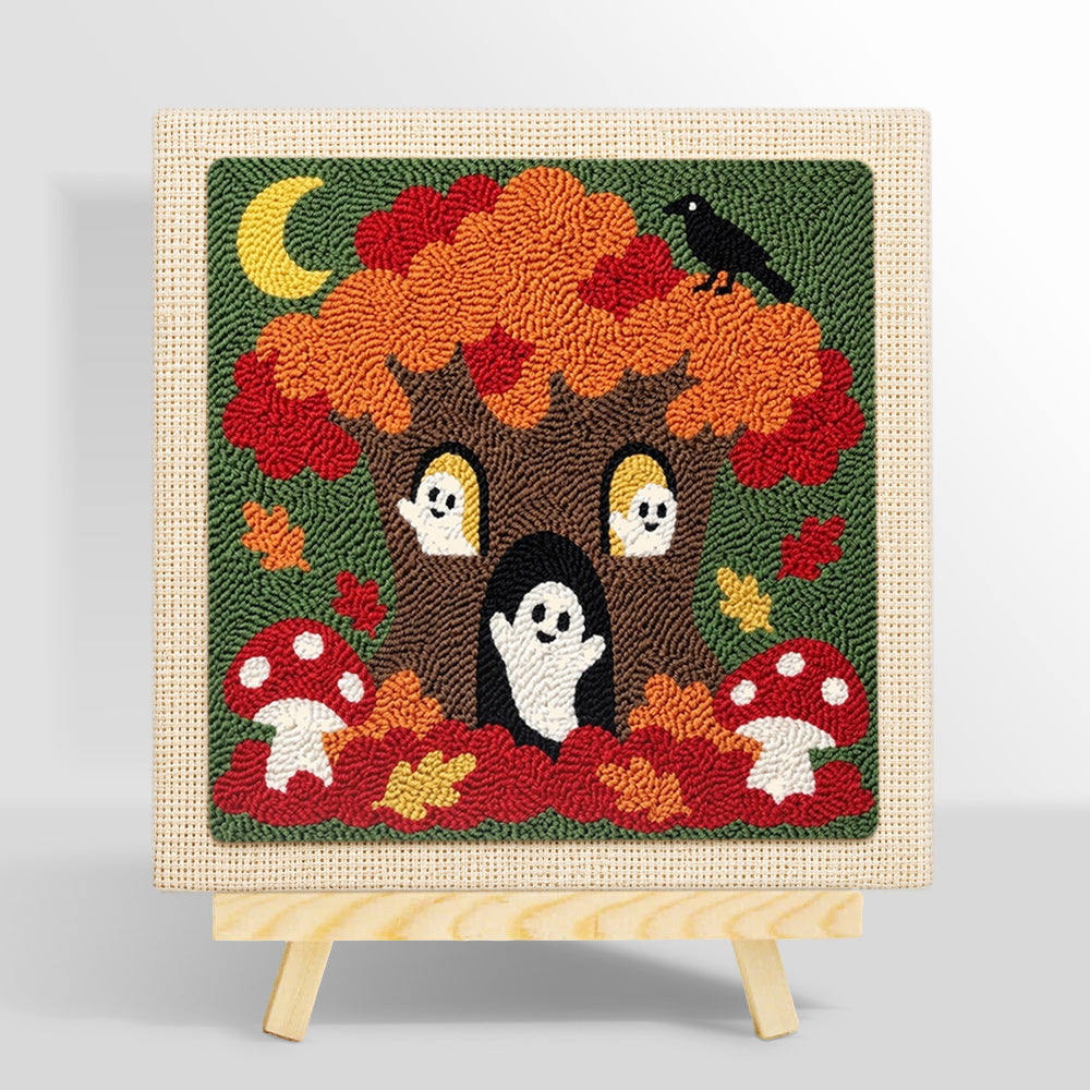 Spooky tree with little ghosts punch needle kit for beginners