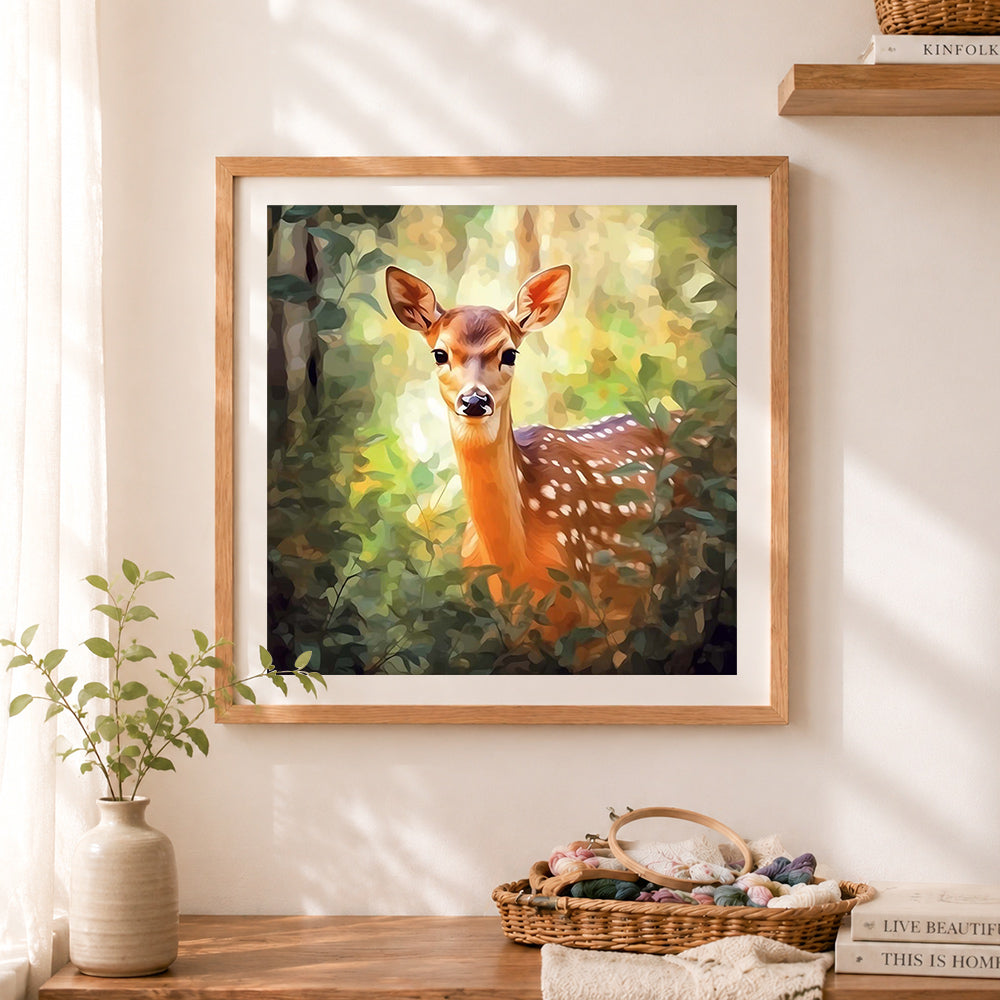 Finished spotted fawn in green forest foliage cross stitch artwork displayed as home decor