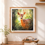 Finished spotted fawn in green forest foliage cross stitch artwork displayed as home decor