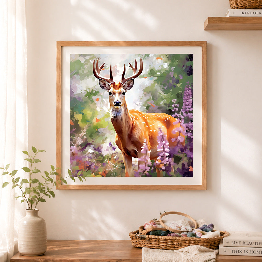 Finished spotted stag among purple wildflowers cross stitch artwork displayed as home decor