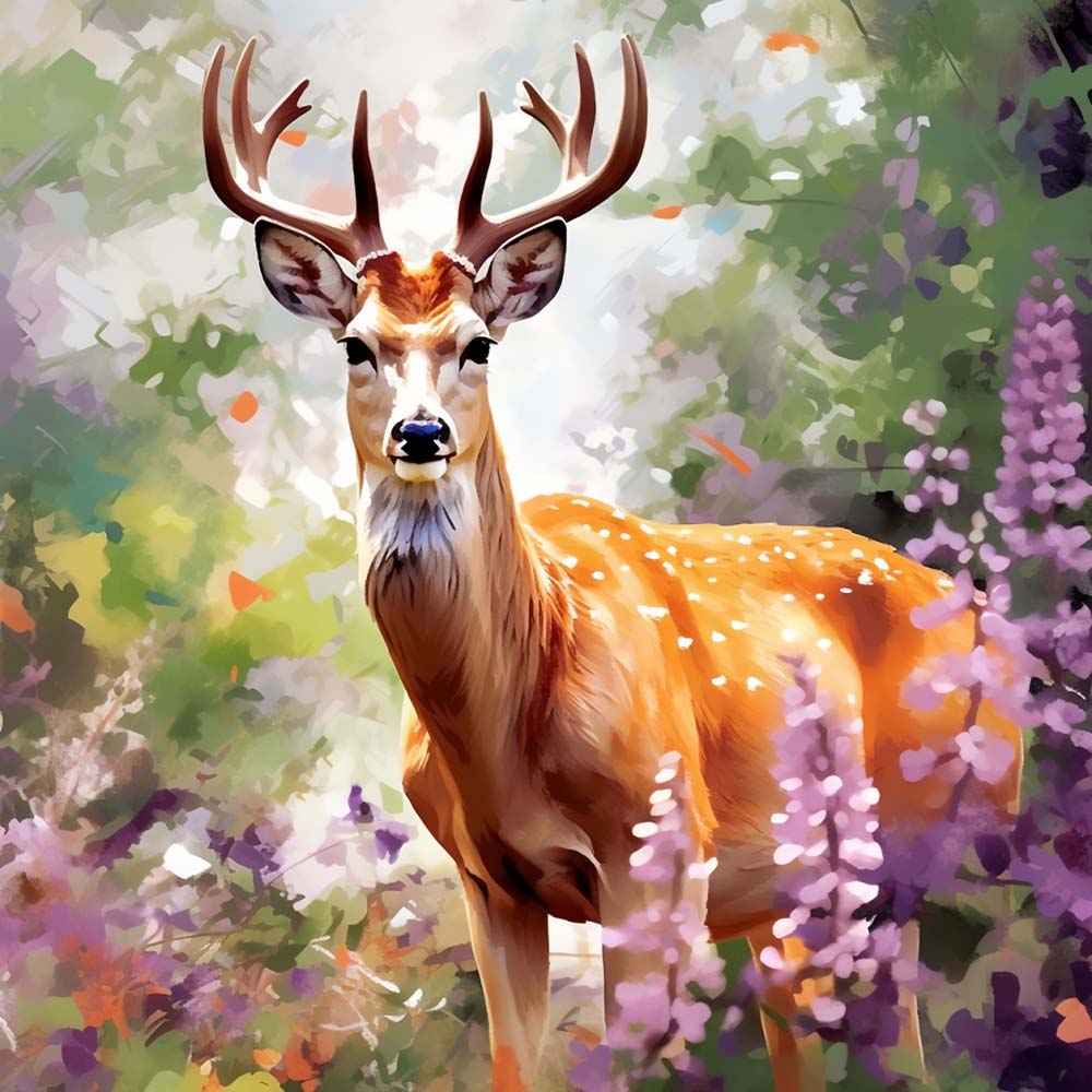 Spotted stag among purple wildflowers cross stitch kit for beginners
