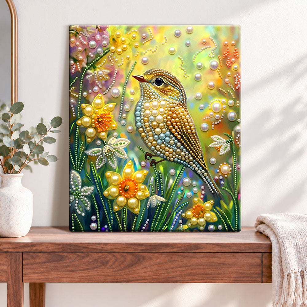 Finished spring bird serenity pearl diamond painting artwork displayed as home decor